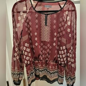 Maroon patterned long sleeve sheer blouse with cinched waist